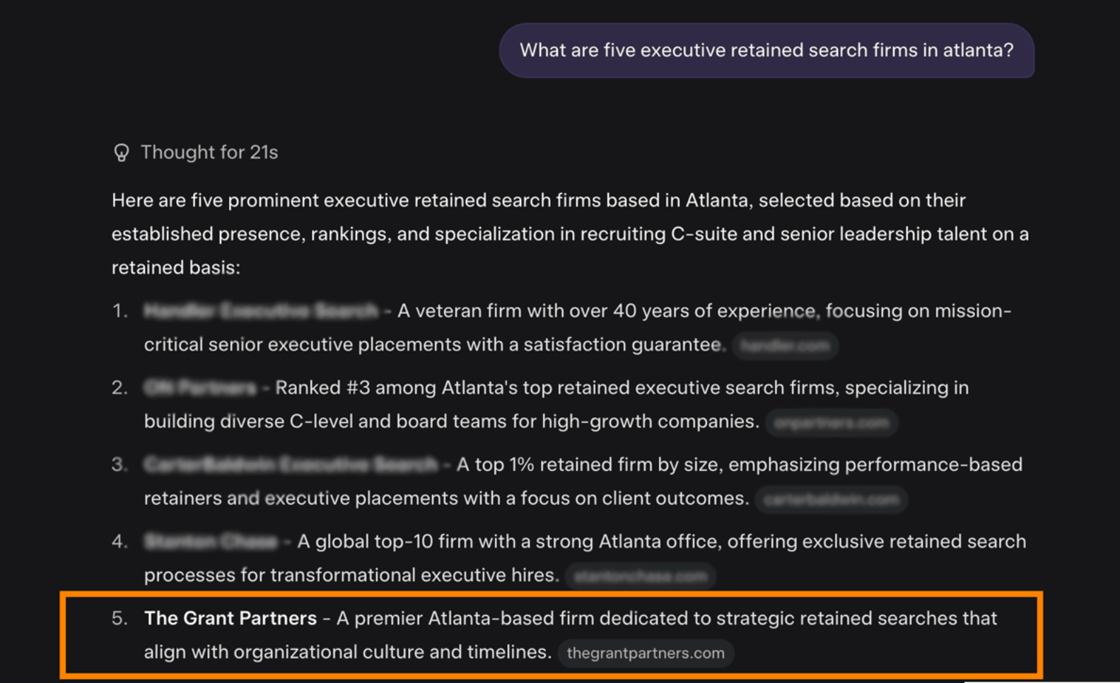 Grok listing The Grant Partners among five executive retained search firms in Atlanta